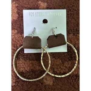 925 Sterling Silver Hoop Earrings Brown Block Charm‎ Hammered Gold Tone Fashion